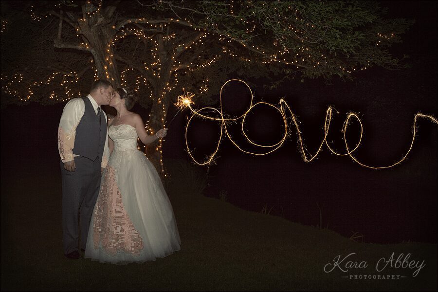 Bride & Groom LOVE Sparklers Lit up Tree Green Gables Jennerstown, PA Wedding Photography