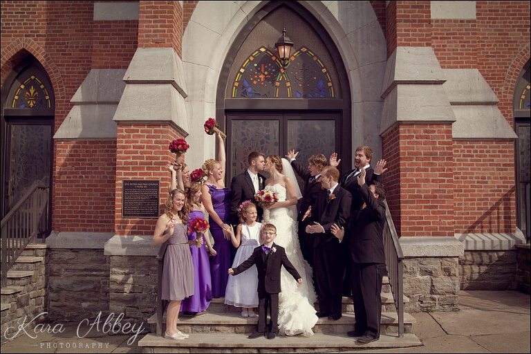 Bride & Groom Kiss Bridal Party Wedding Photography Church Steps Towanda PA