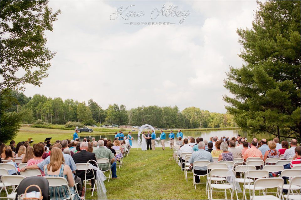 wedding photography outdoor ceremony  bride groom walking down the aisle wyalusing pa o'conner's pond herrickville pa