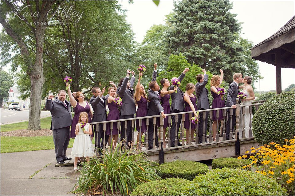 wedding day photography vestal ny gazebo park bride groom portrait cheer bridal party bridesmaids groomsmen flowergirl