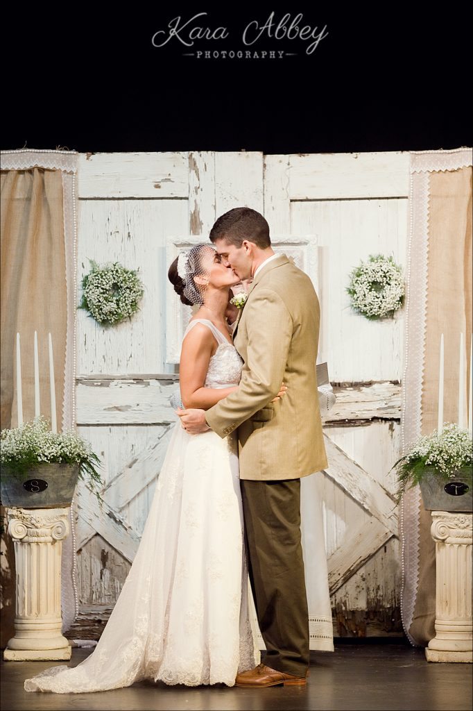 Tunkhannock Wedding Photography Dietrich Movie Theater Ceremony Bride Groom First Kiss