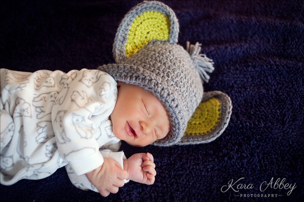Newborn Photographer Pittsburgh PA Irwin PA Greensburg PA Monroeville PA baby boy elephant hat smile