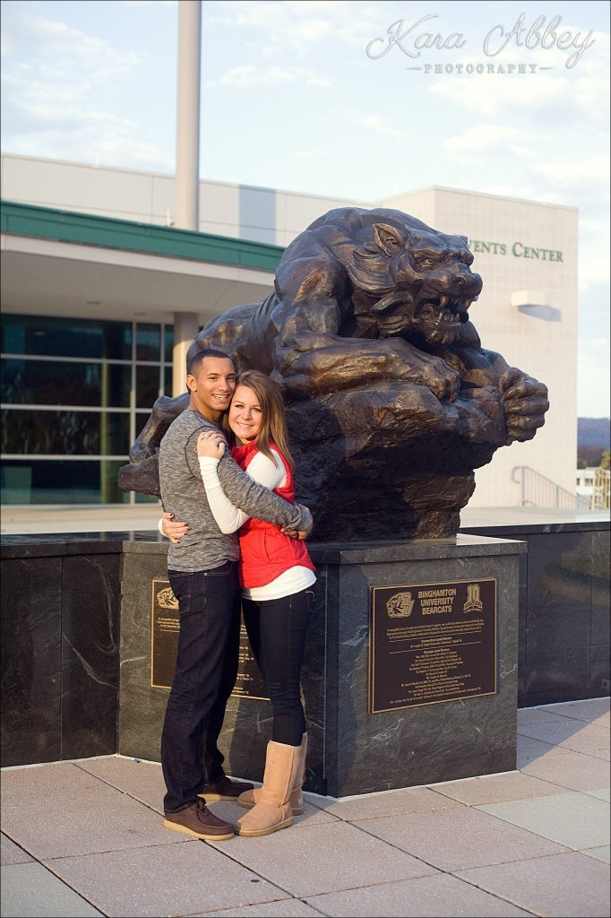 Wedding Engagement Photographer Binghamton NY Pittsburgh PA College Campus Fall University Bearcat Mascot