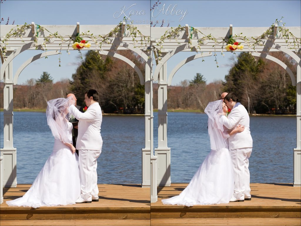 wedding photography photographer rome, pa irwin, pa bride groom pine cradle lake ceremony bride groom first kiss pine cradle lake