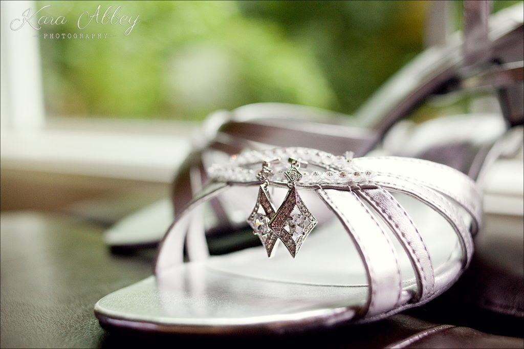 rainy day wedding photography Vestal NY bridal details earrings shoes