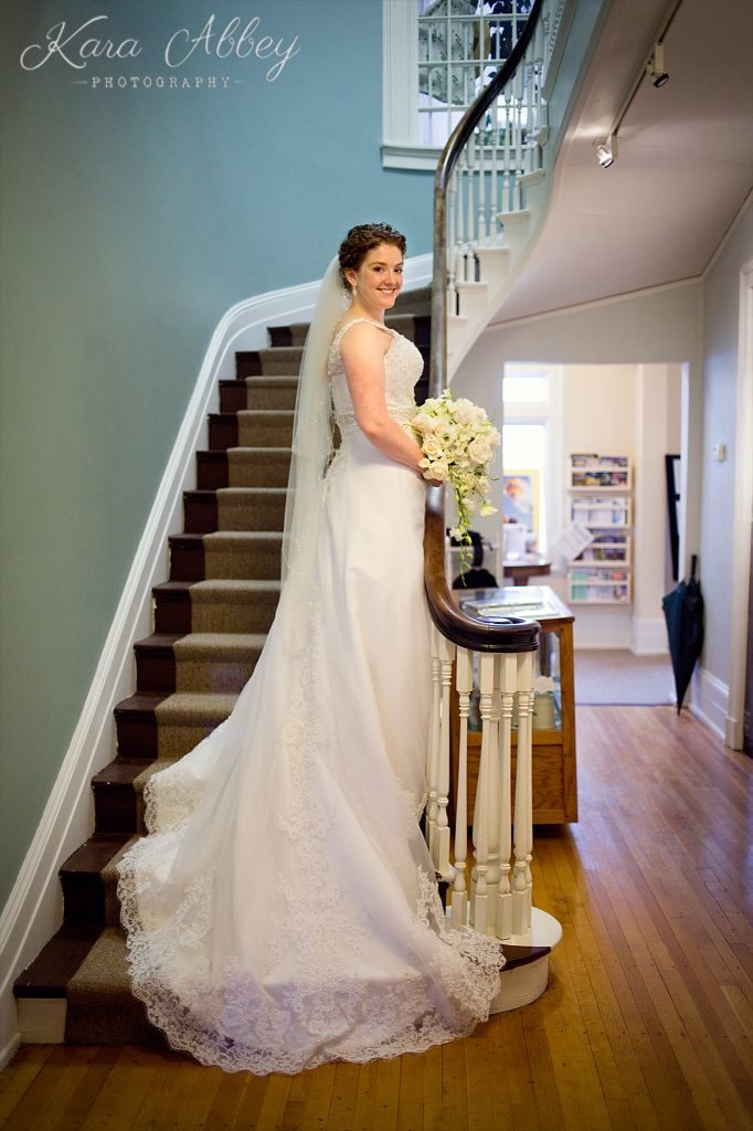 rainy day wedding photography Endicott NY  Visitor's Center bride formal portrait staircase