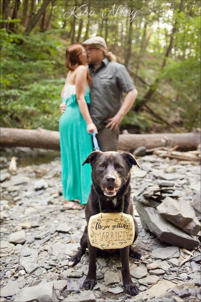 Wedding Engagement Photographer Ithaca NY Buttermilk Falls State Park Dog Sign Kiss