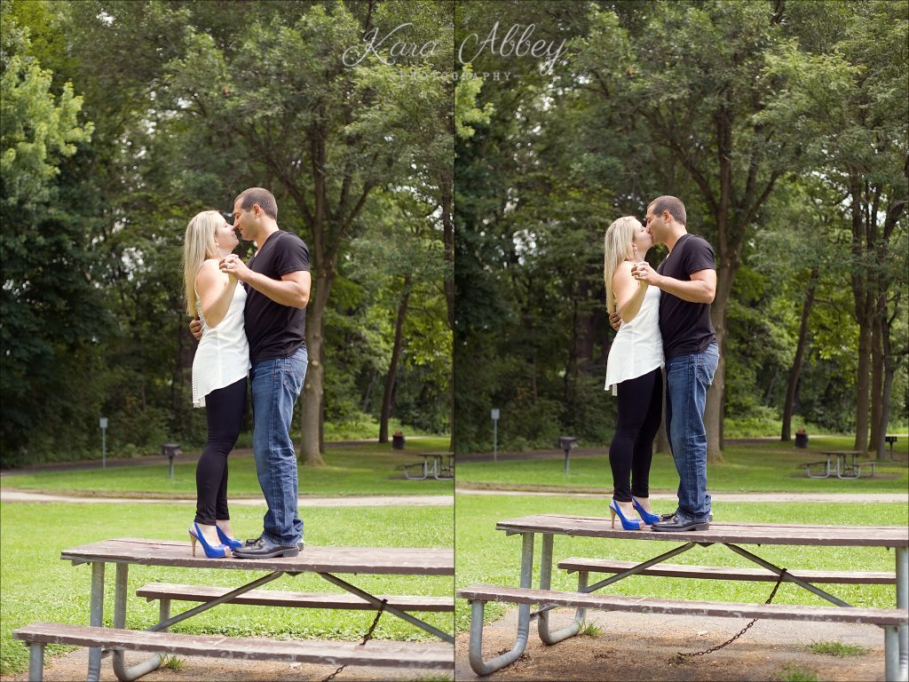 Outdoor Wedding and Engagement Photographer Ostiningo Park Binghamton NY Slow Dancing on Picnic Tables