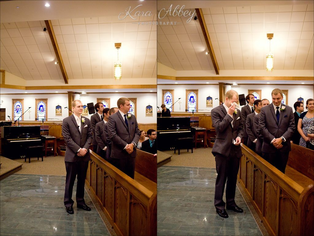 rainy day wedding photography Vestal NY Our Lady of Sorrows Ceremony groom crying