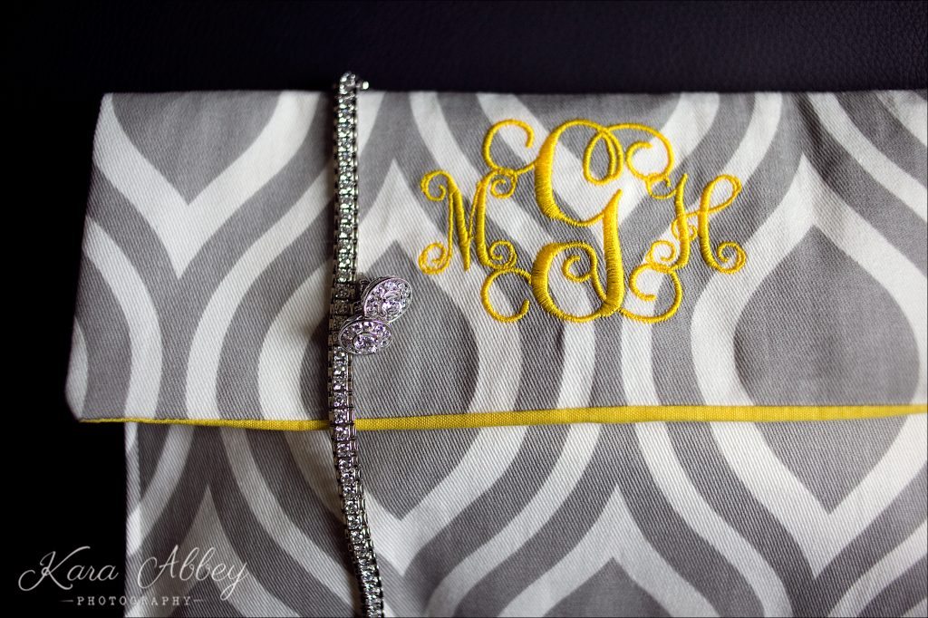 Binghamton, NY, Wedding Photography Holiday Inn Bridal Details Bracelet Earrings Clutch Monogram