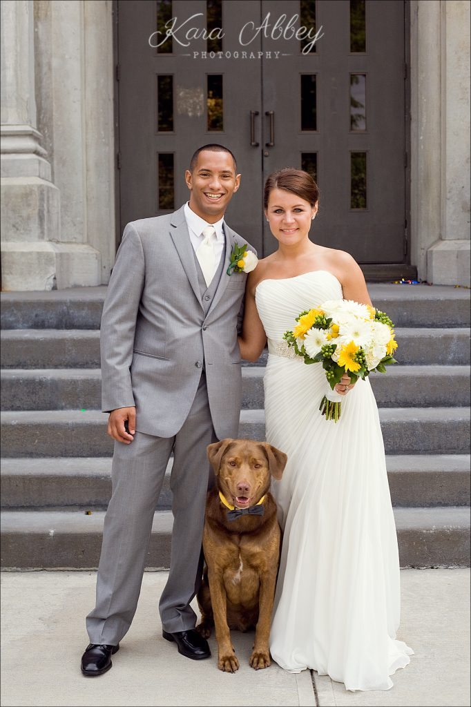 Binghamton, NY, Wedding Photography St. Patrick's Church LeRoy Street Formal Portrait Bride Groom Groomsdog Dog Grey and Yellow