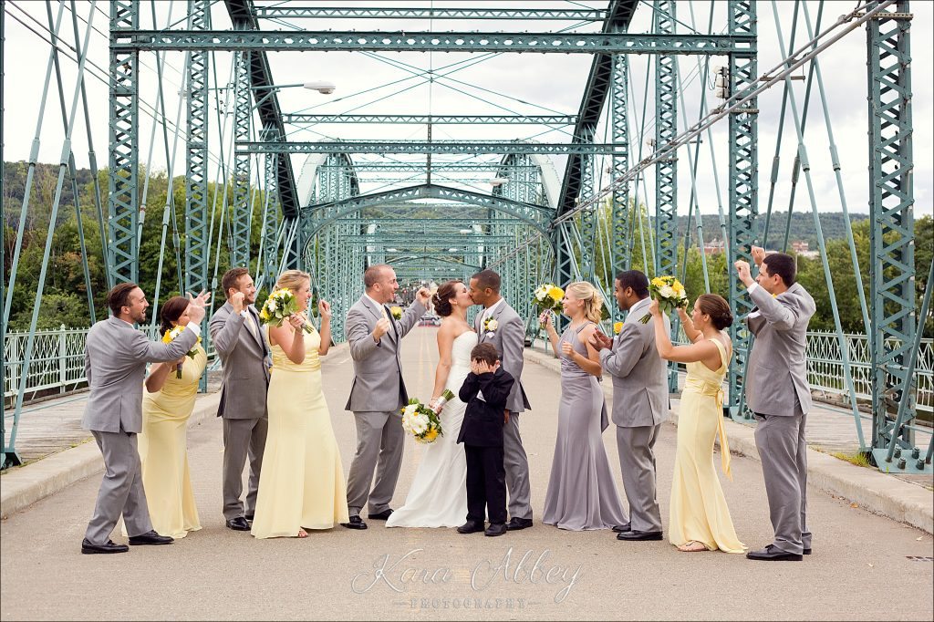 Binghamton, NY, Wedding Photography Confluence Park Formal Portraits Bridal Party Bride Groom Bridesmaids Groomsmen Cheer Walking Bridge