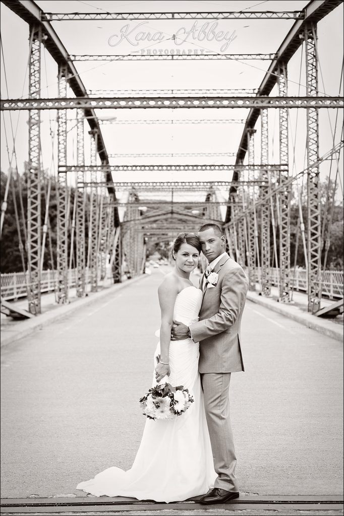 Binghamton, NY, Wedding Photography Confluence Park Formal Portraits Bride Groom Grey Yellow Walking Bridge