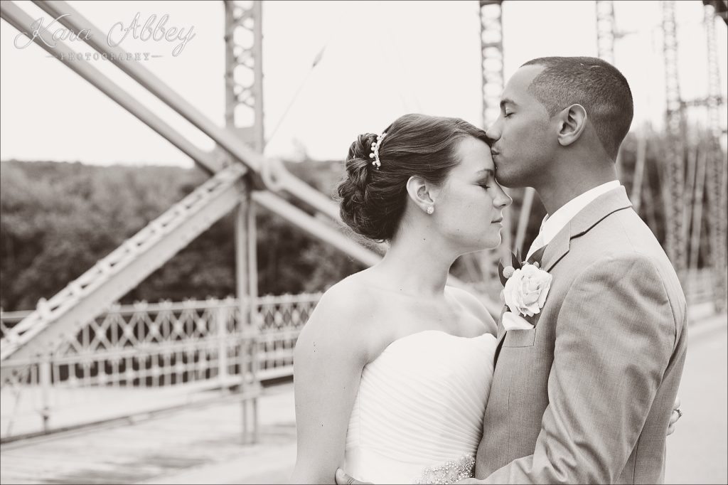 Binghamton, NY, Wedding Photography Confluence Park Formal Portraits Bride Groom Grey Yellow Walking Bridge