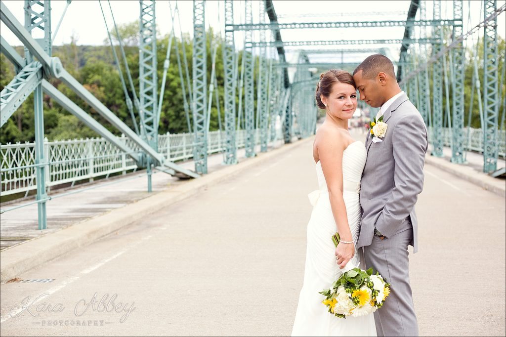 Binghamton, NY, Wedding Photography Confluence Park Formal Portraits Bride Groom Grey Yellow Walking Bridge