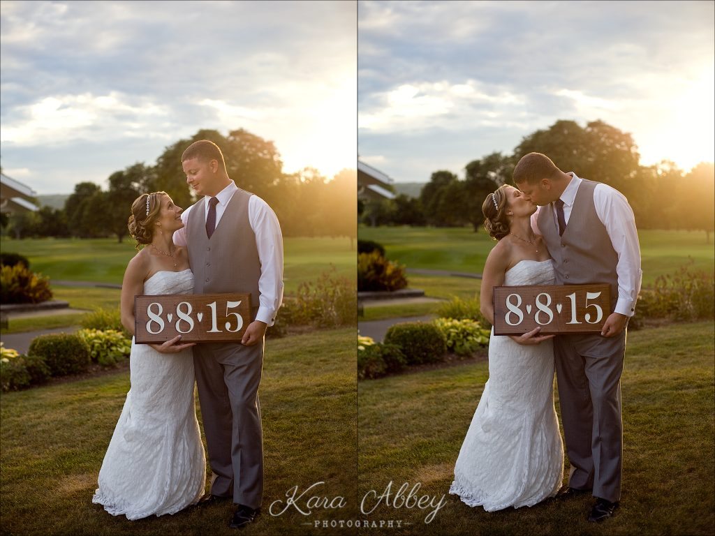 Wedding Photography at the Corning Country Club in Corning, NY Bride and Groom Portrait Sunset Homemade Sign