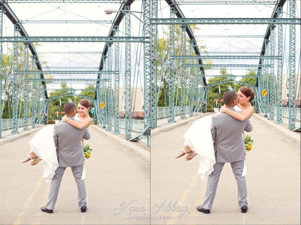 Binghamton, NY, Wedding Photography Confluence Park Formal Portraits Bride Groom Grey Yellow Walking Bridge