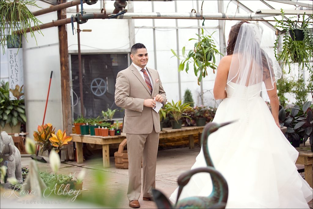 rainy day wedding photographer Tioga Gardens Owego, NY Greenshouse First Look
