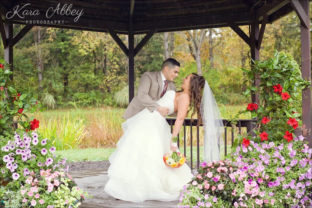 rainy day wedding photographer Tioga Gardens Owego, NY Bride Groom Portraits Gazebo