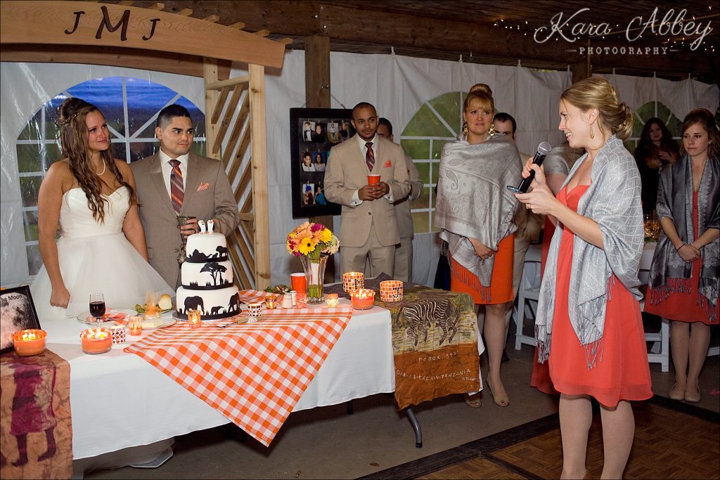 rainy day wedding photographer Tioga Gardens Owego, NY Reception Maid of Honor Toast