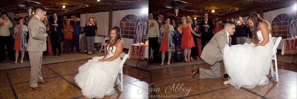 rainy day wedding photographer Tioga Gardens Owego, NY Reception Garter