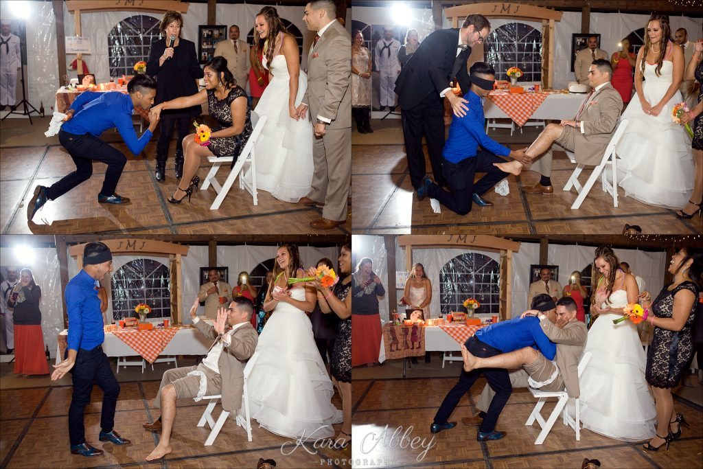 rainy day wedding photographer Tioga Gardens Owego, NY Reception Garter Joke Prank