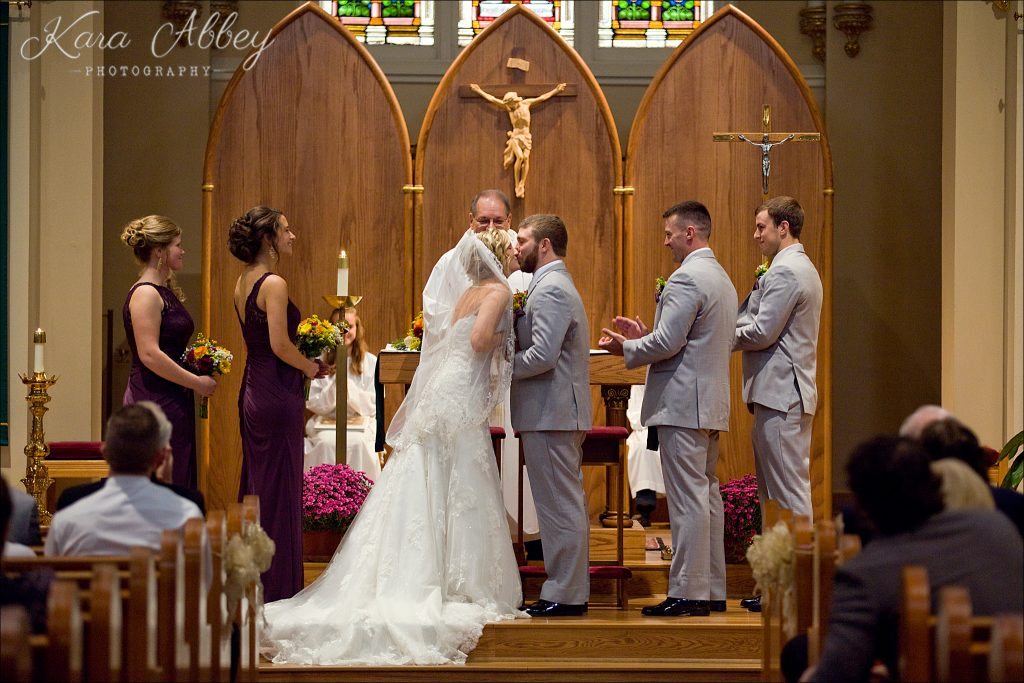 Rustic Country Chic Fall Wedding Towanda, PA Ceremony St. Peter and St. Paul Church Bride Groom First Kiss