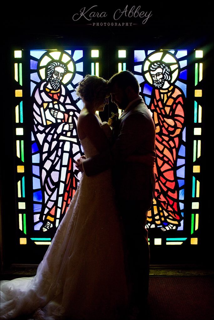 Rustic Country Chic Fall Wedding Towanda, PA Ceremony St. Peter and St. Paul Church Stained Glass Silhouette Portrait
