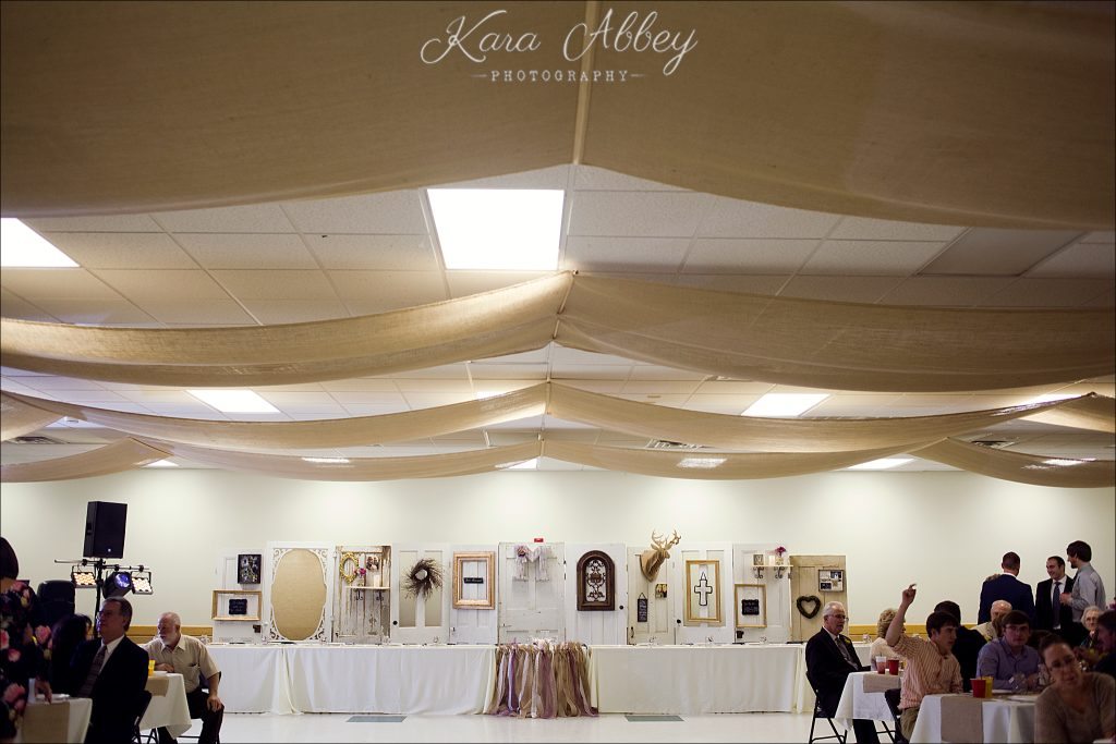 Rustic Country Chic Fall Wedding Wysox, PA Firehall Reception Details Head Table Rustic Doors Burlap