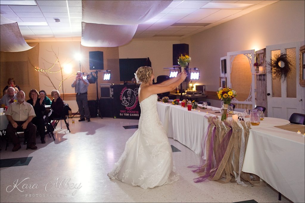 Rustic Country Chic Fall Wedding Wysox, PA Firehall Reception Bride Bouquet Toss Single Ladies