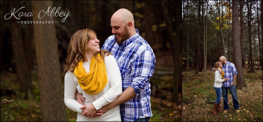Outdoor fall engagement session Roba Family Farms Dalton, PA woods rustic