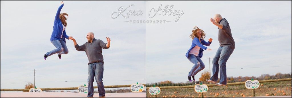 Outdoor fun fall engagement session Roba Family Farms Dalton, PA jumping pumpkin