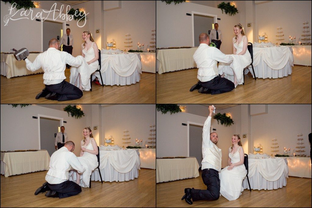 Summer Elegant Comfortable Wedding Garter Gag at the Crystal Ballroom in Herminie, PA by Kara Abbey Photography in Irwin, PA