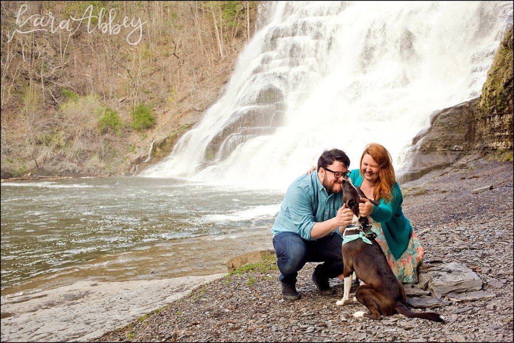 Spring Engagement Photography in Ithaca, NY Waterfall with their dog by Kara Abbey Photography