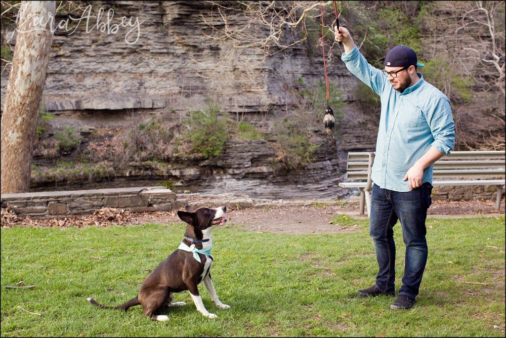 Spring Engagement Photography in Ithaca, NY Waterfall with their dog by Kara Abbey Photography