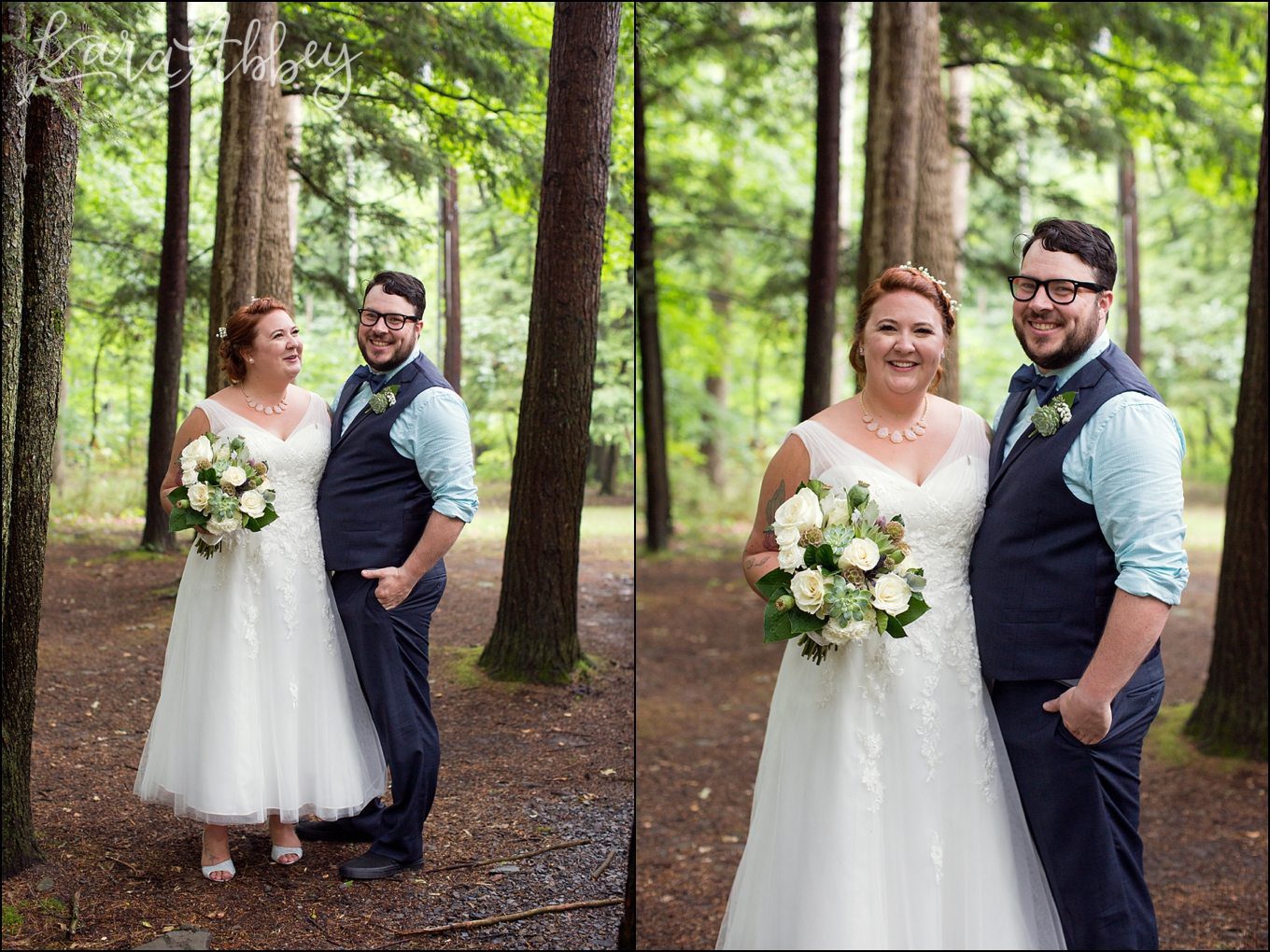 Rustic Pastel Rainy Summer Wedding First Look at Robert Treman State Park in Ithaca, NY by Kara Abbey Photography in Irwin, PA