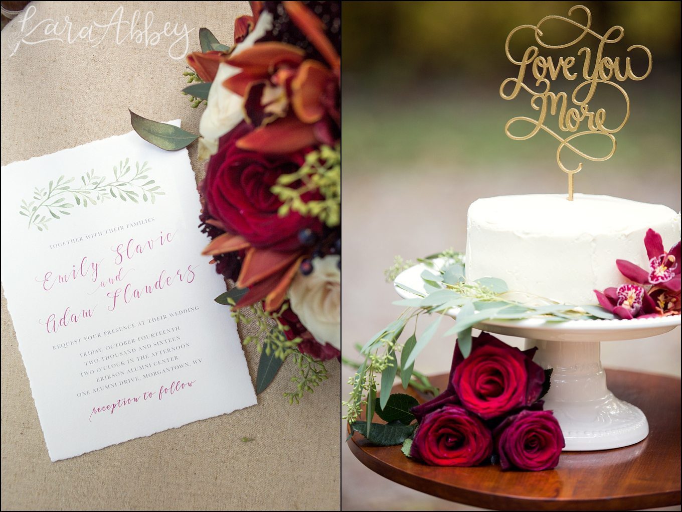 Burgundy Inspired Wedding Cake for Fall Wedding, I Love You More Cake Topper by Kara Abbey Photography in Irwin, PA