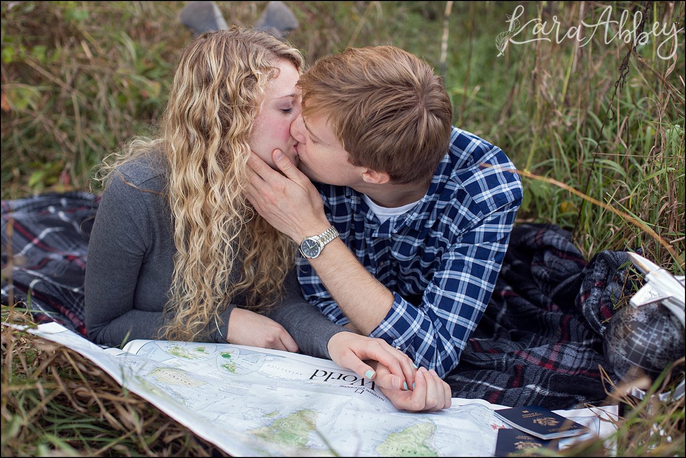 Sweedler Nature Preserve Summer Engagement Pictures with World Map as Prop by Kara Abbey Photography in Irwin, PA
