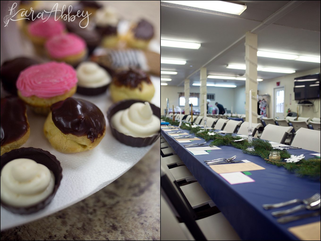 Winter in Paris Themed Bridal Shower - Fresh Pine as a Table Runner, Silver Snowflakes, Candles, and Creme Puffs - in Irwin, PA