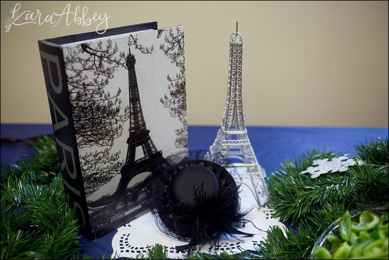 Winter in Paris Themed Bridal Shower - Fresh Pine as a Table Runner, Silver Snowflakes, and Candles - in Irwin, PA