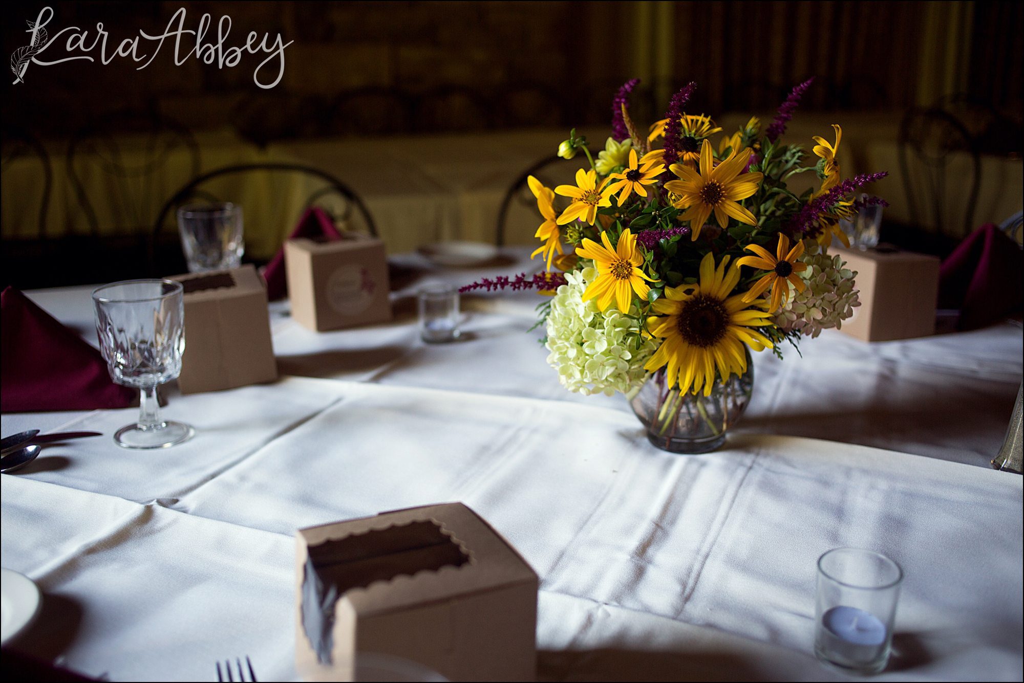 Sunflower Centerpiece at Green Gables in Jennerstown, PA Wedding Photographer