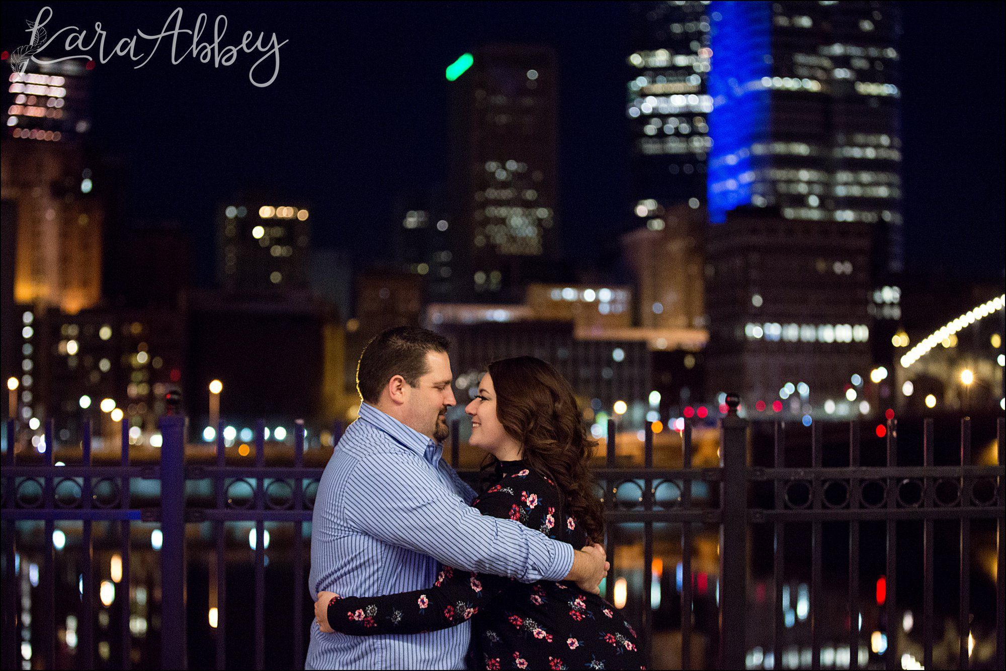 Station Square Engagement Photos at Night by Pittsburgh, PA Wedding Photographer