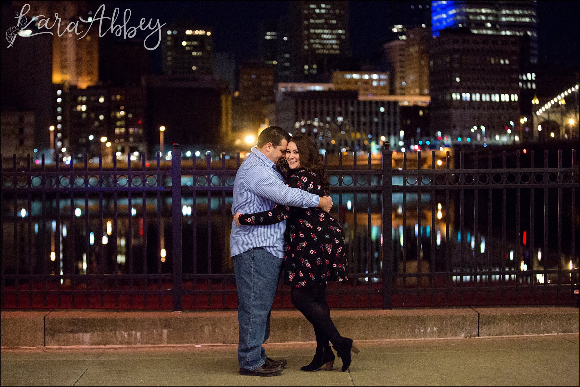 Station Square Engagement Photos at Night by Pittsburgh, PA Wedding Photographer