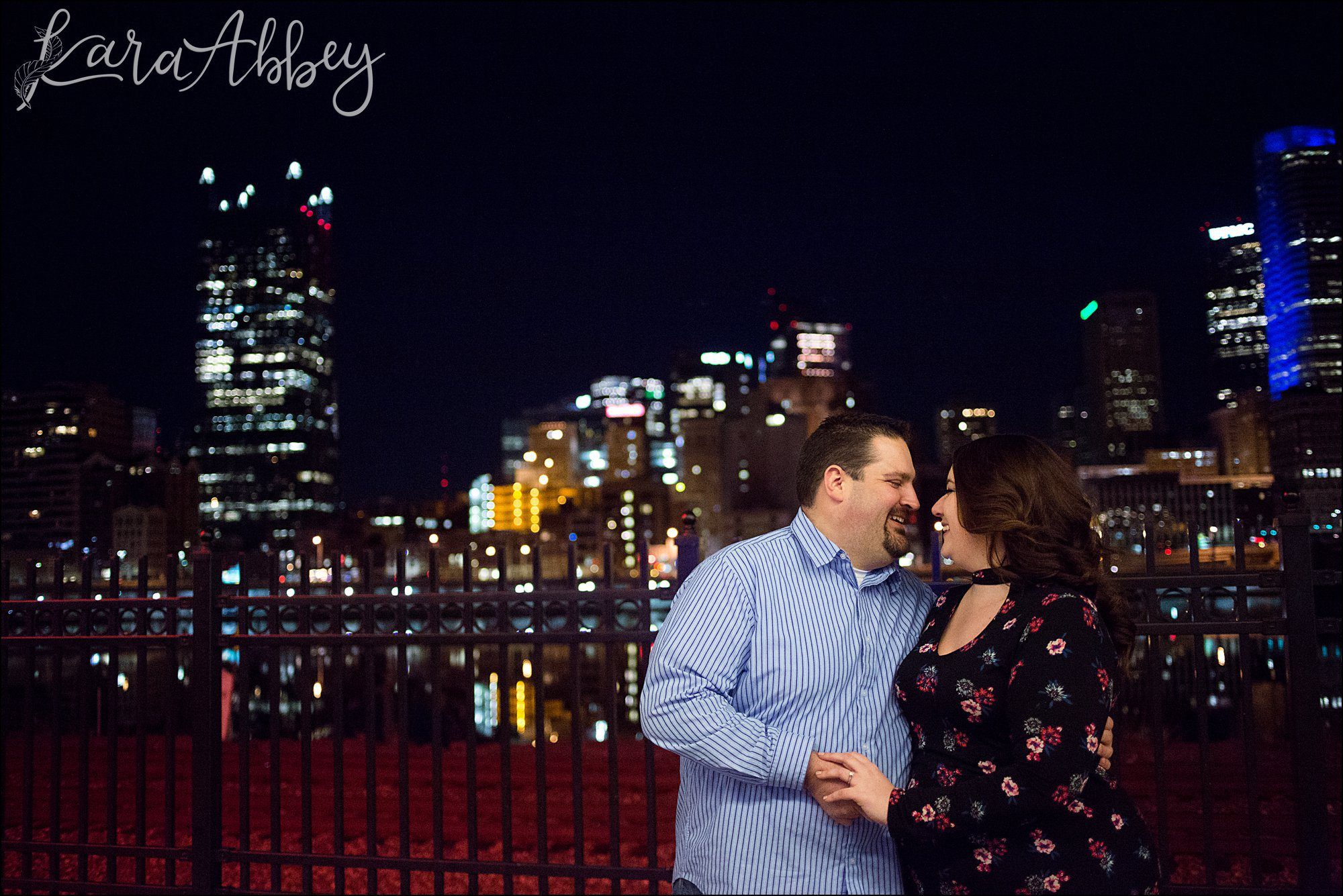 Station Square Engagement Photos at Night by Pittsburgh, PA Wedding Photographer