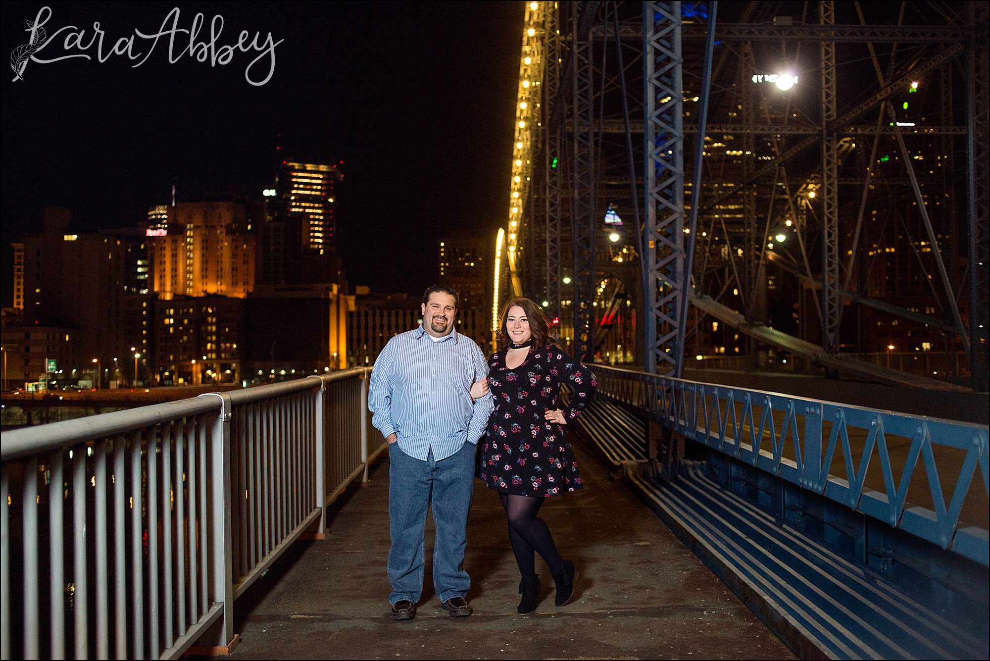 Smithfield Street Bridge Engagement Photos at Night by Pittsburgh, PA Wedding Photographer
