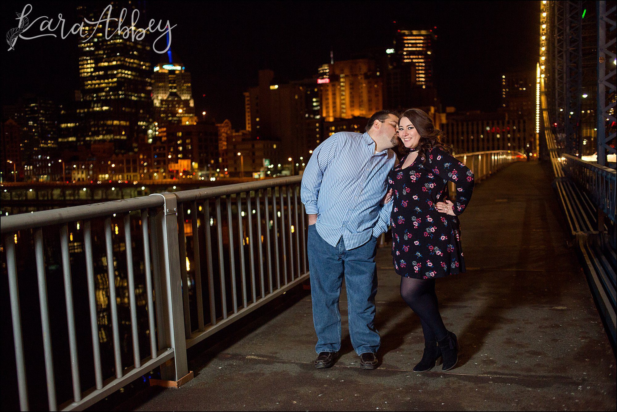 Smithfield Street Bridge Engagement Photos at Night by Pittsburgh, PA Wedding Photographer