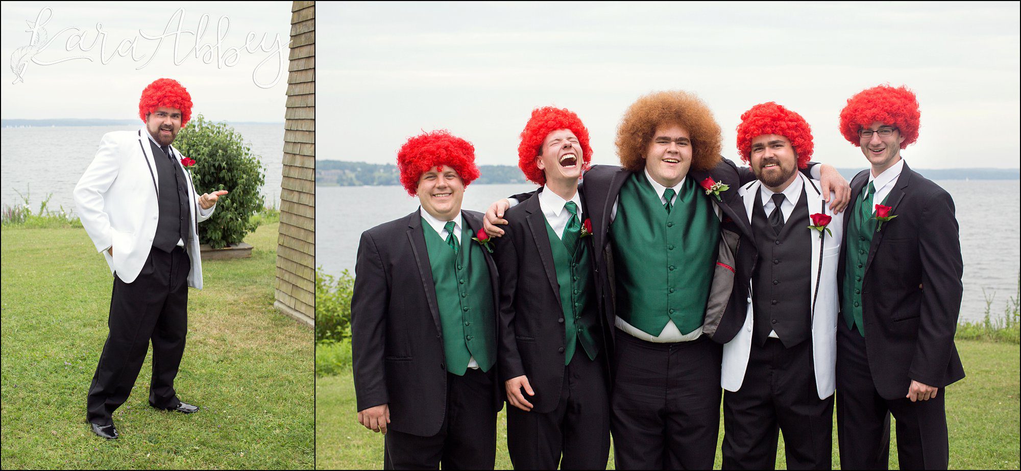 Groomsmen and Red Wigs on Chautauqua Lake in Mayville, NY