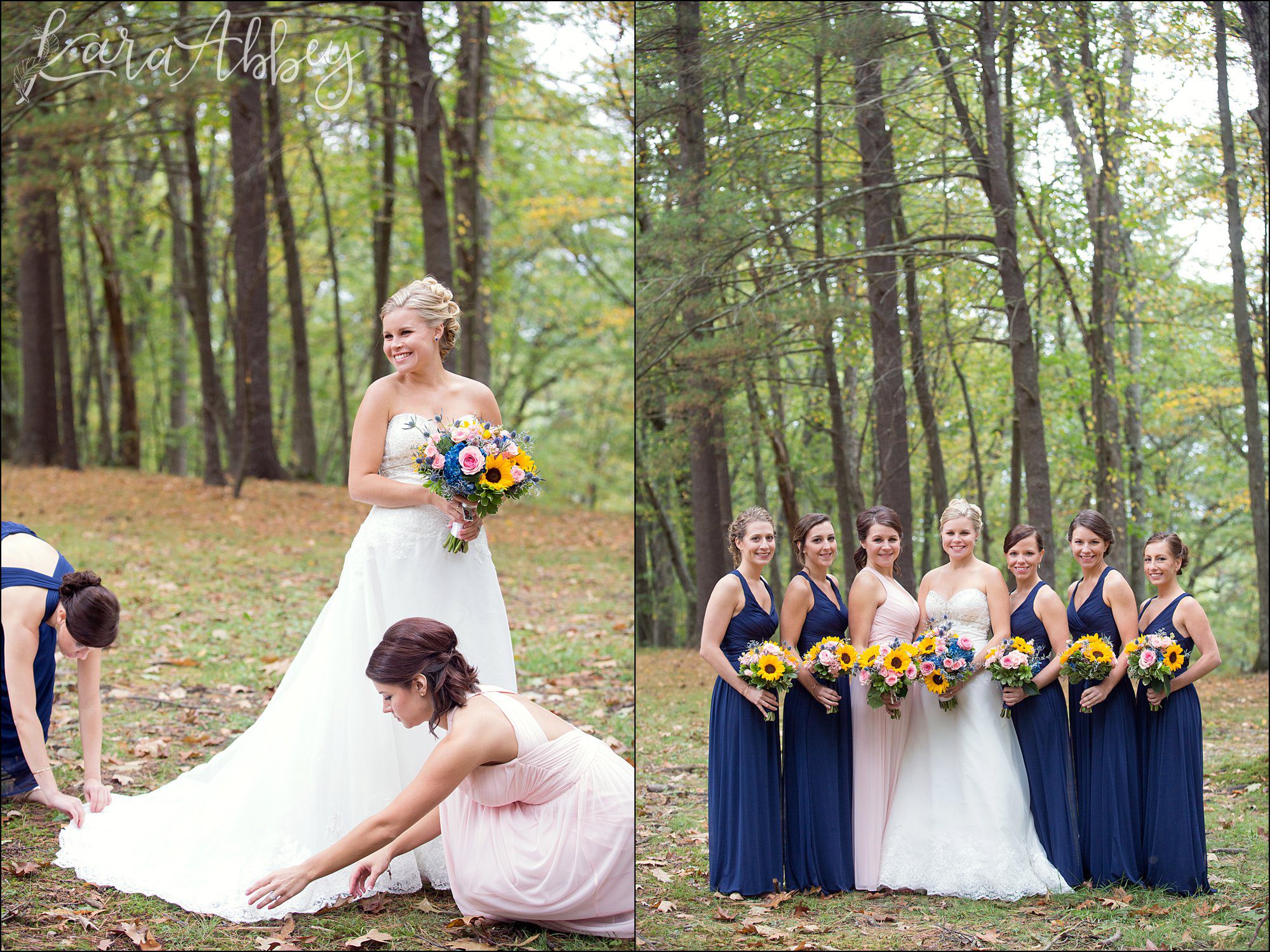 Navy Fall Wedding Bridesmaid Portrait with Sunflower Bouquets