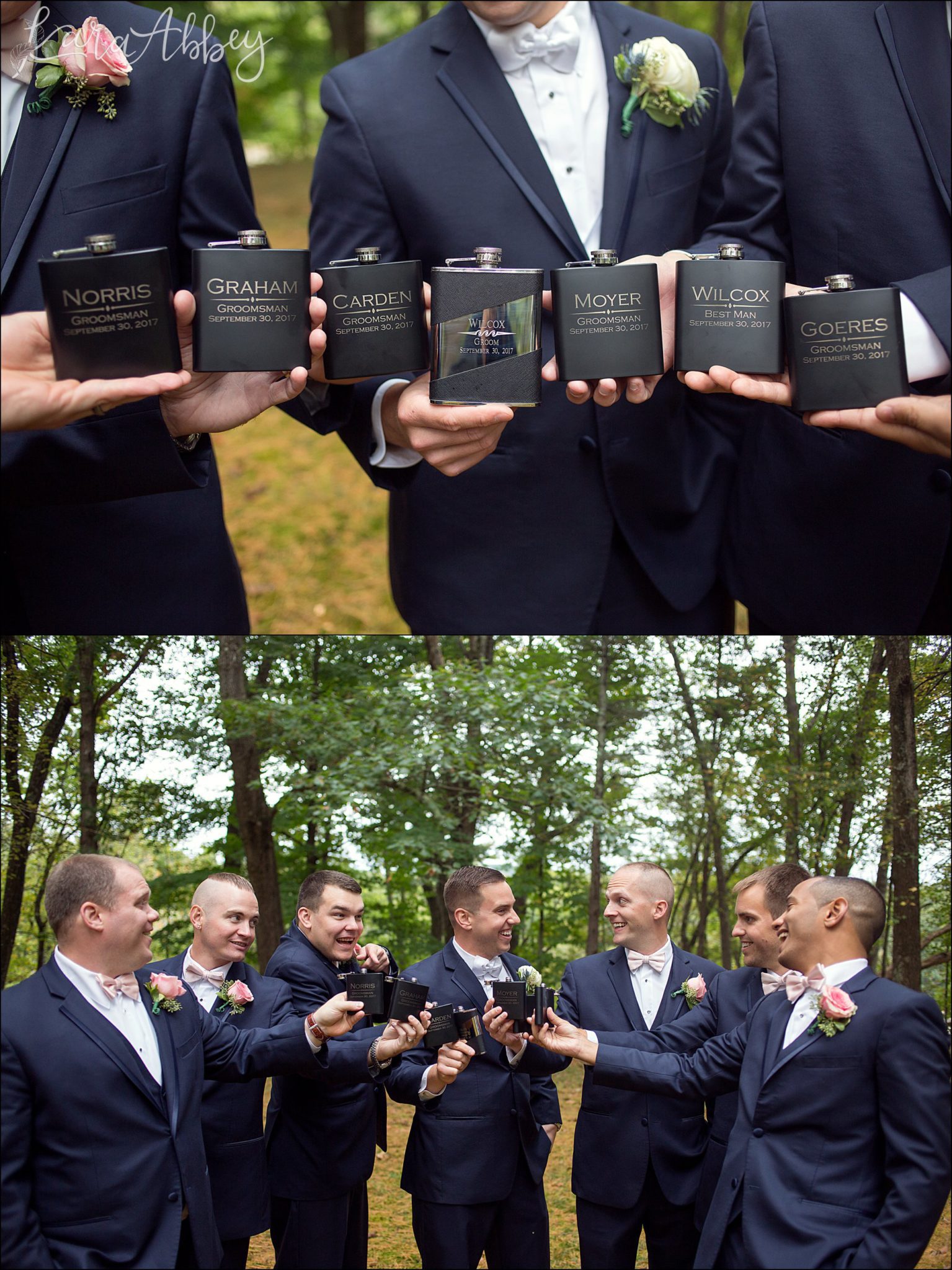Navy Fall Wedding Groomsmen Portrait with Personalized Flasks