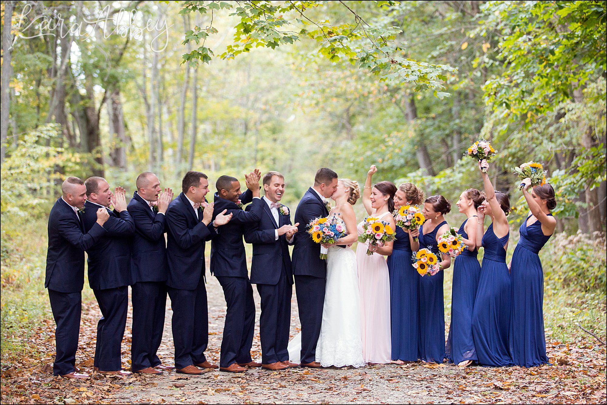 Navy Fall Wedding Bridal Party Portrait with Sunflower Bouquets